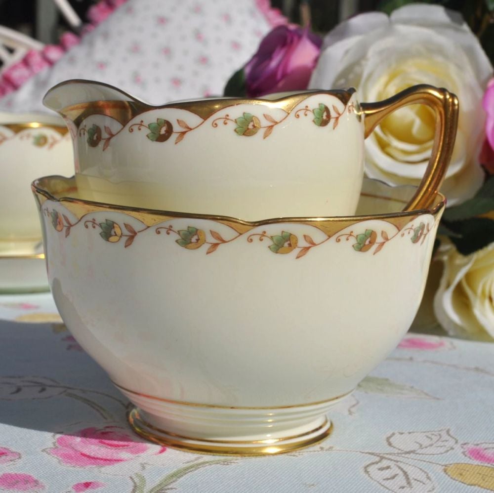 Grafton China Cream, Gold and Moss Green Vintage Milk Jug and Sugar Bowl