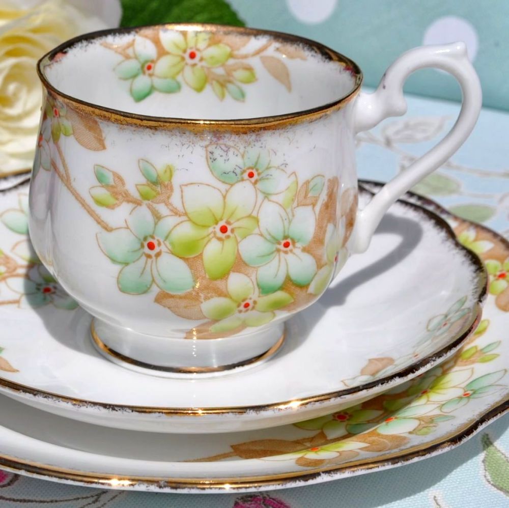 Royal Albert Crown China 1827 Green Blossom Vintage Teacup Trio c.1927+
