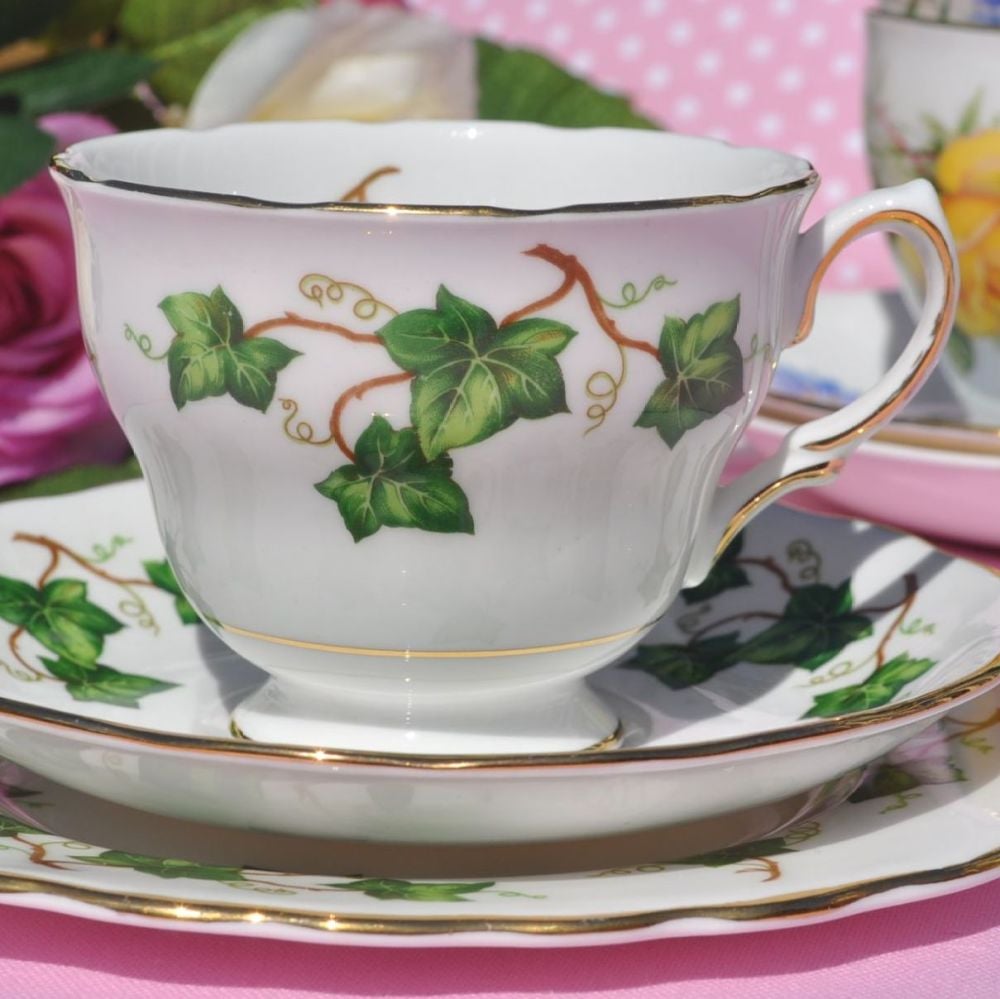 Colclough Green Ivy Leaf Vintage China Teacup Trio Square Plate c.1962+