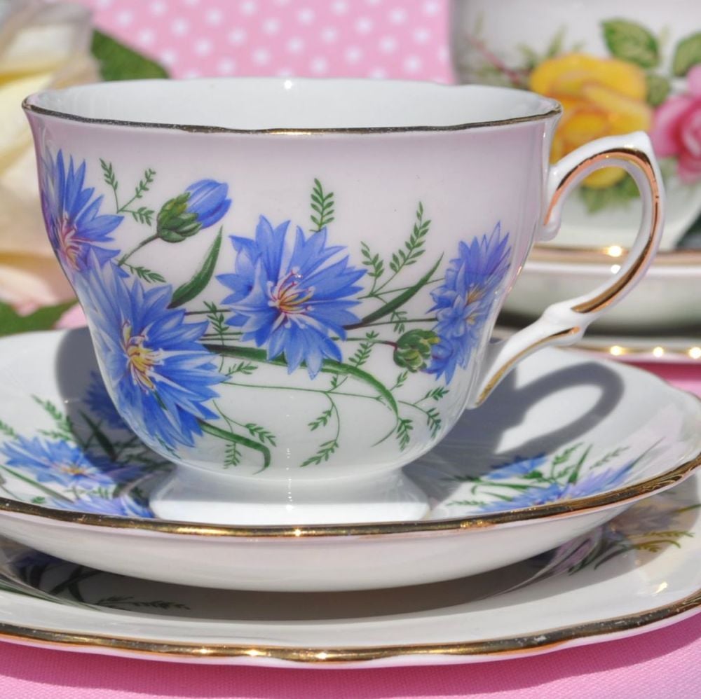 Royal Vale Cornflower Teacup Trio