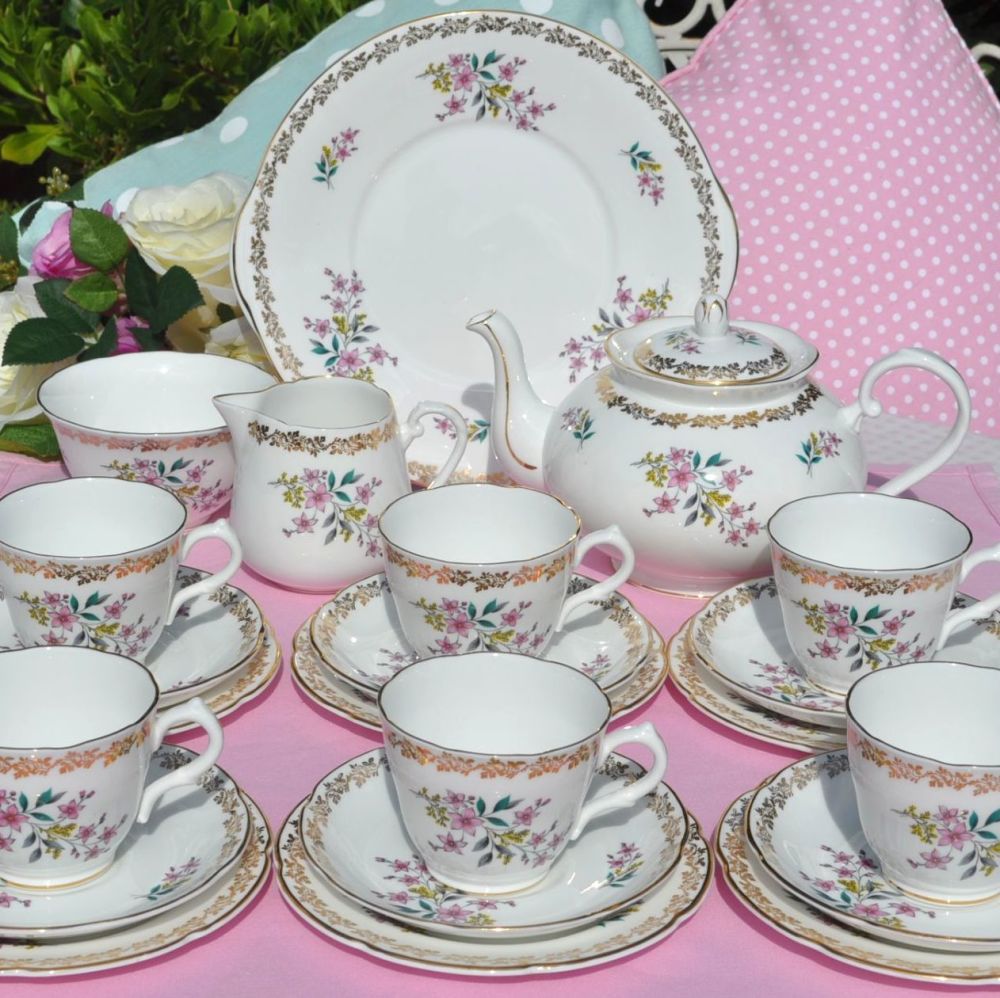 Royal Grafton Vintage China Floral Pink and Gold Tea Set c.1950's