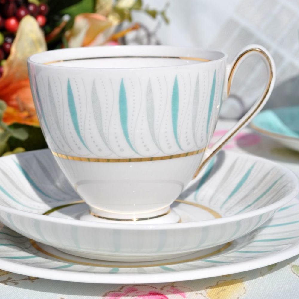 Ridgway Caprice Duck Egg and Grey Pattern China Teacup Trio c.1960s