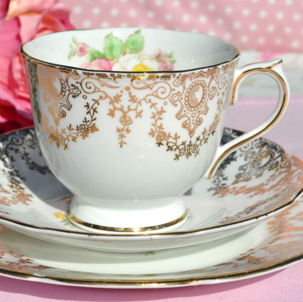Collingwood Yellow and Pink Roses and Gold Filigree Teacup Trio c.1940s