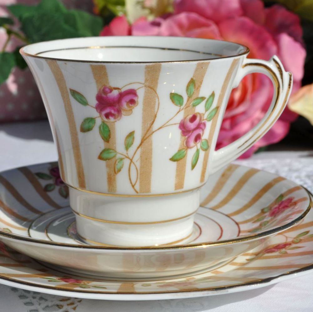 Roslyn Art Deco Rose Trellis Hand Painted Bone China Teacup Trio c.1930s