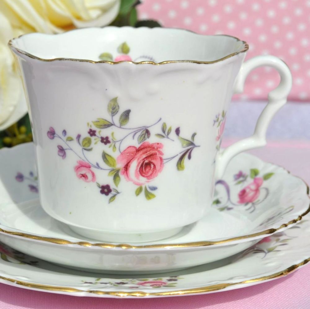 Collingwood Frilly Rim Pretty Pink Roses Vintage Bone China Teacup Trio