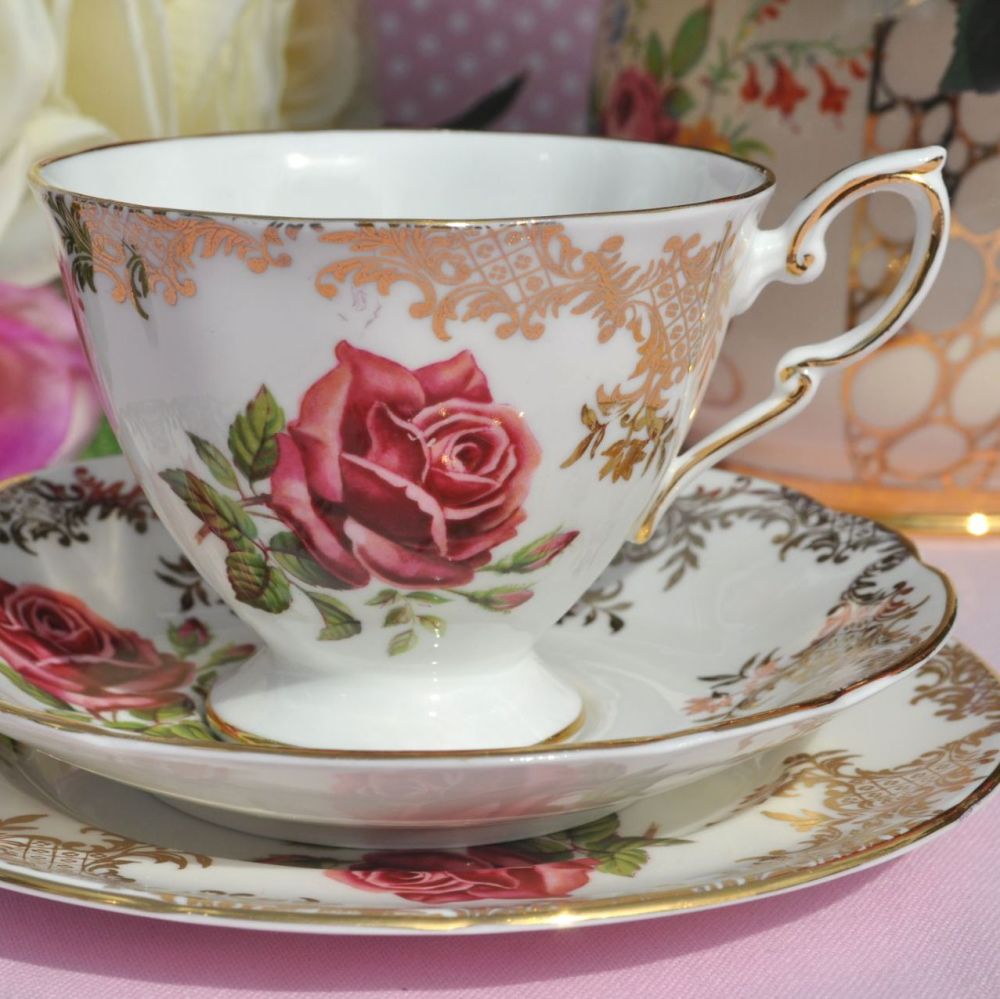 Paragon Pink Rose and Gold Filigree Vintage China Teacup Trio c.1960s