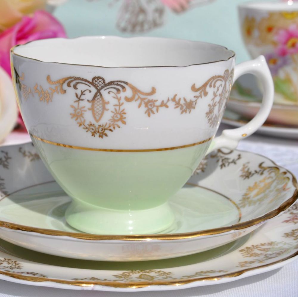Royal Vale Green and Gold Filigree Teacup Trio