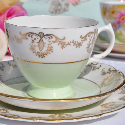 Royal Vale Green and Gold Filigree Teacup Trio