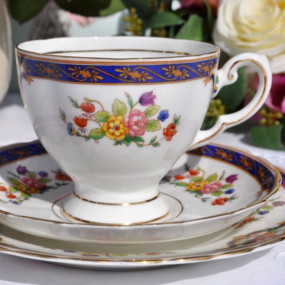 Tuscan Blue Band and Floral Pattern Teacup Trio c.1947+