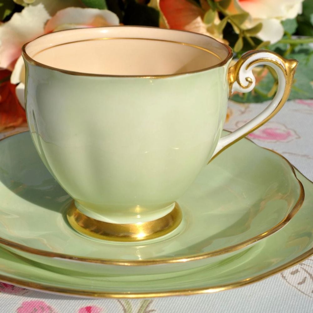 Bell China Pale Green and Apricot Vintage Teacup Trio c.1930s