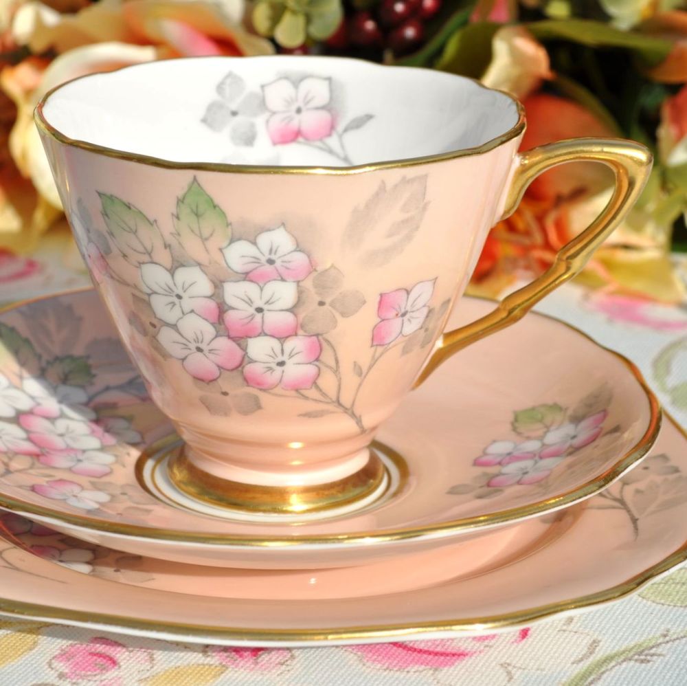 Royal Stafford Pink Blossom Hand Tinted Vintage Teacup Trio c.1952