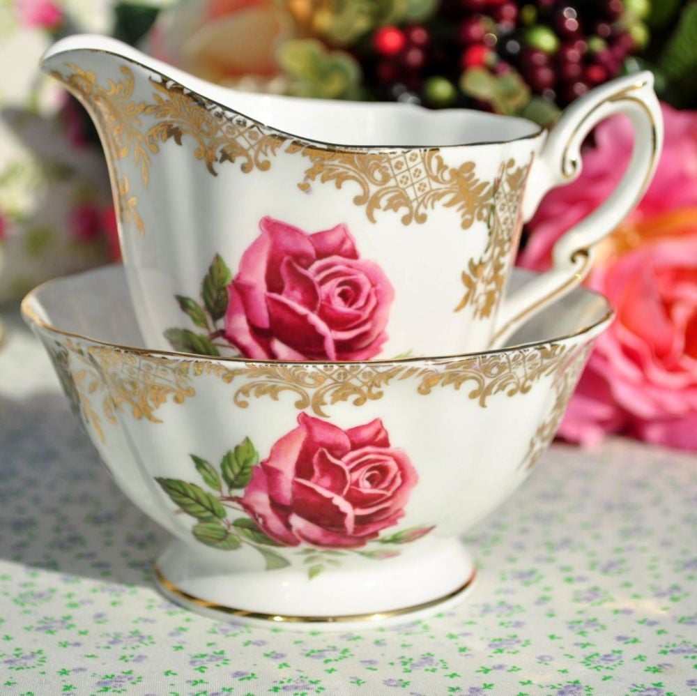 Paragon Pink Rose and Gold Filigree Vintage China Milk Jug and Sugar Bowl