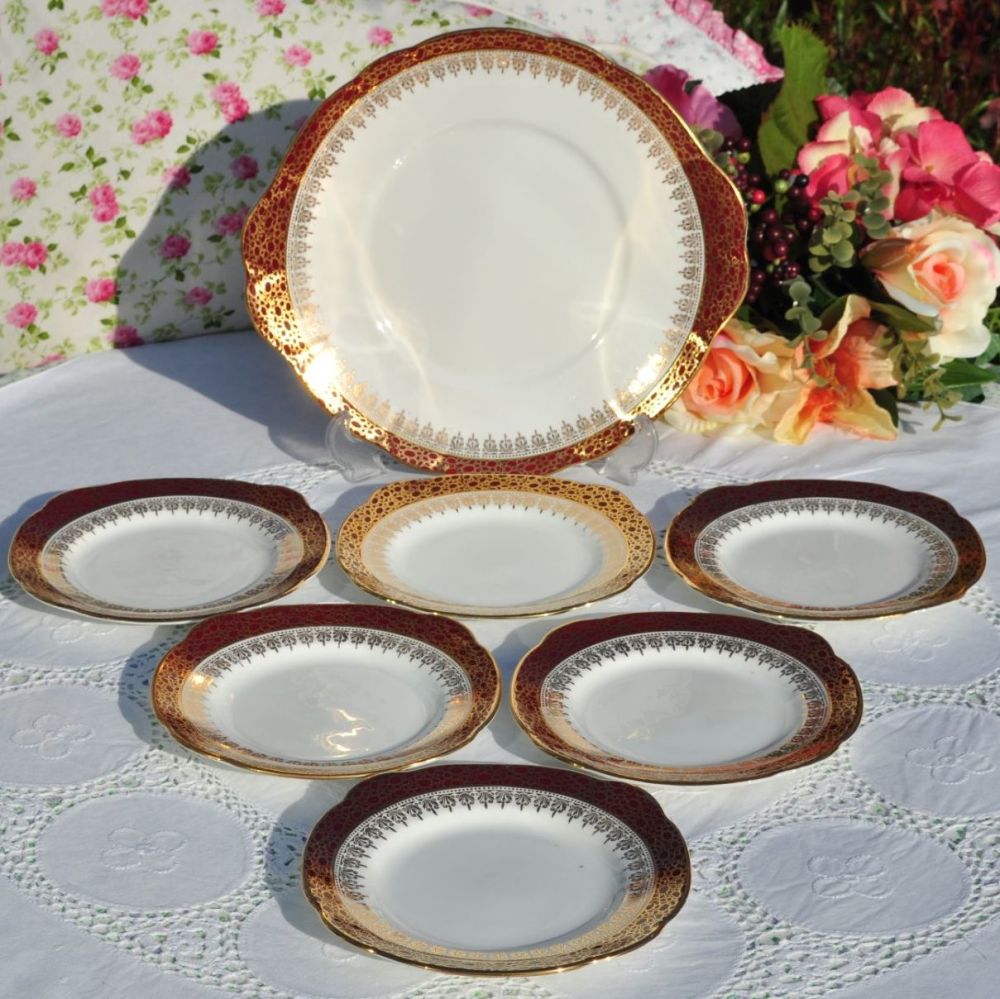 Duchess Winchester Red & Gold Filigree 7 Piece Cake Serving Set c.1960s