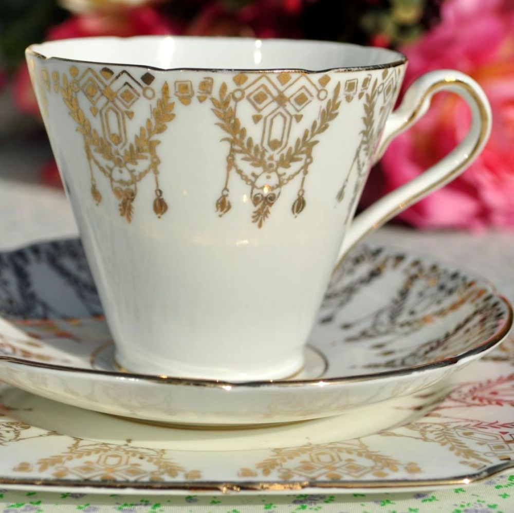Gladstone Art Deco Bone China Gold Filgree Teacup Trio c.1920s