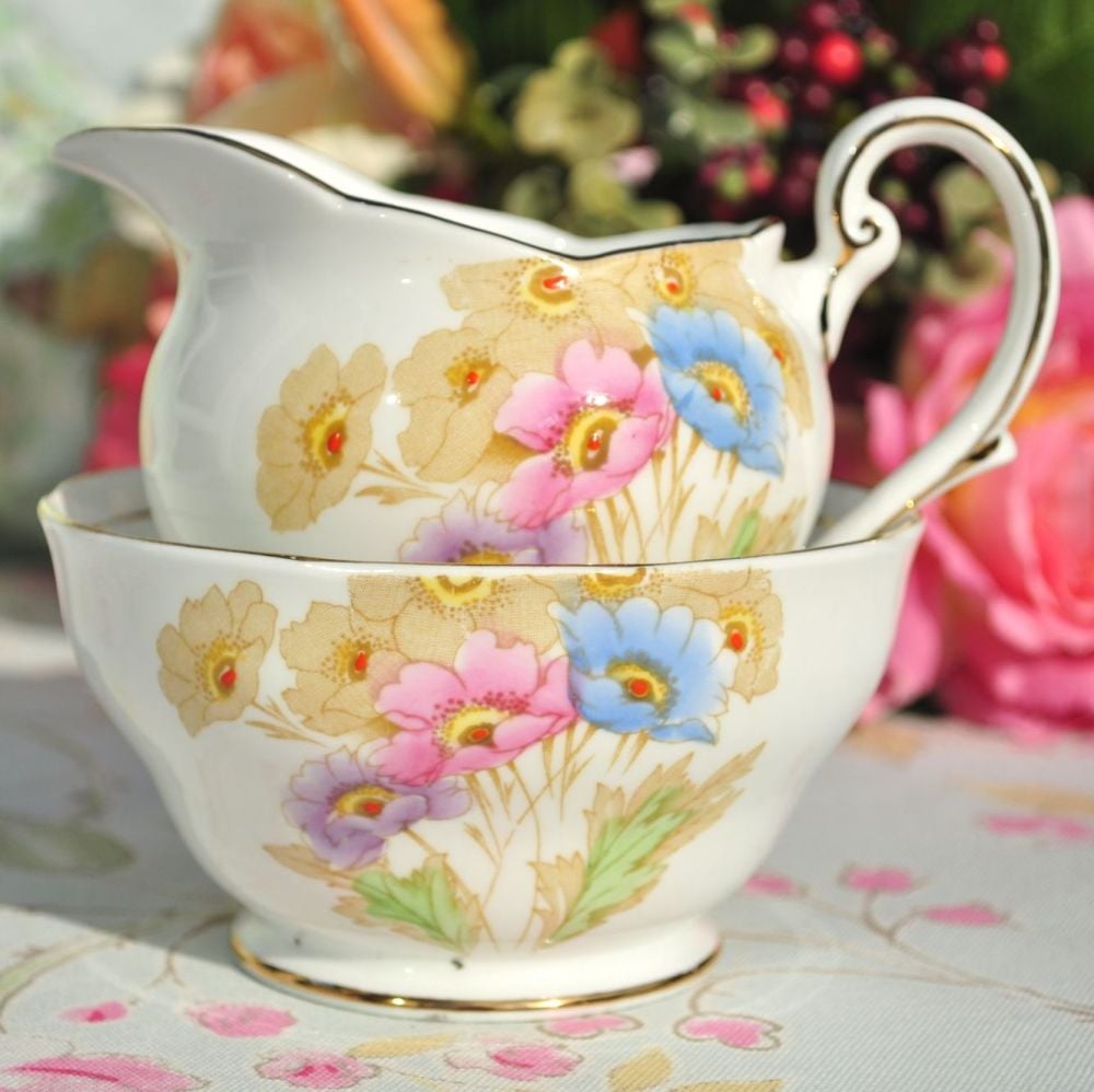 Royal Standard Somerset Hand Painted Anemones Milk Jug and Sugar Bowl