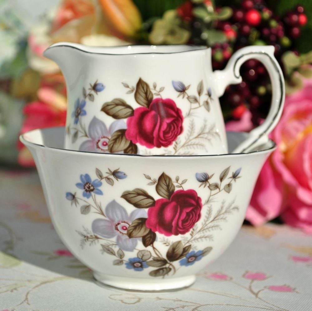 Royal Grafton Favourite Red Rose and Blue Flowers Platinum Rimmed Milk Jug