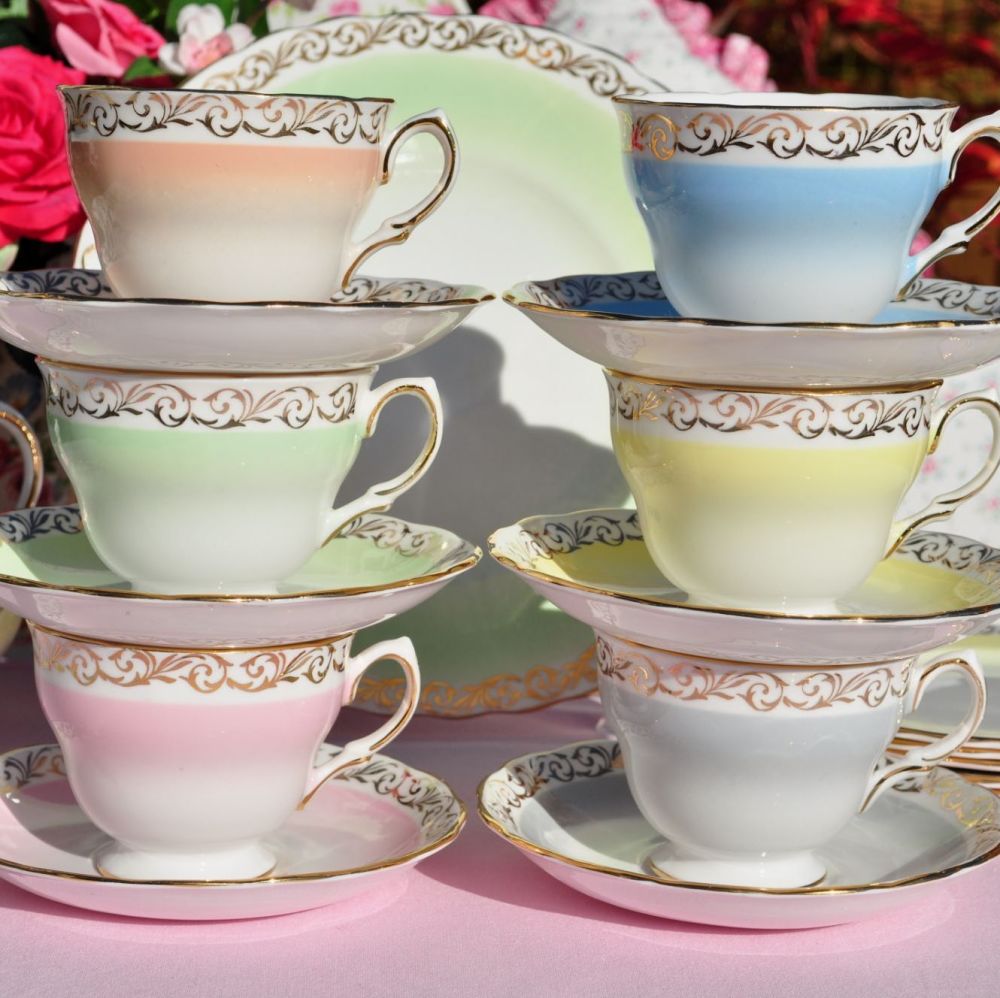 Colclough Harlequin Vintage China Tea Set with Gold Scroll Border c.1960s