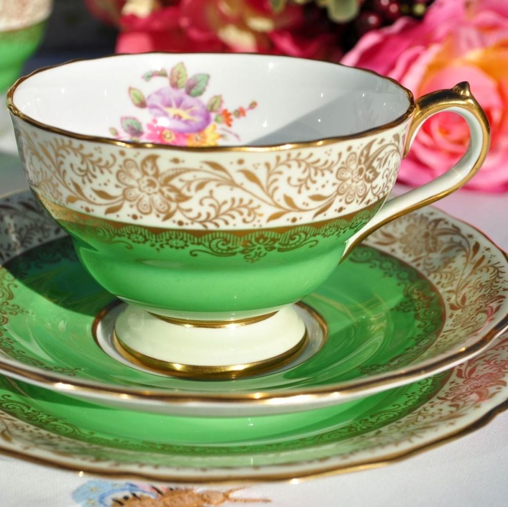 Antique Spode Ruskin Y4133 Green and Gold Filigree Teacup Trio c.1891+