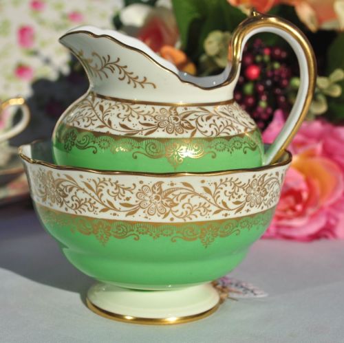 Antique Spode Ruskin Y4133 Green and Gold Filigree Milk Jug and Sugar Bowl