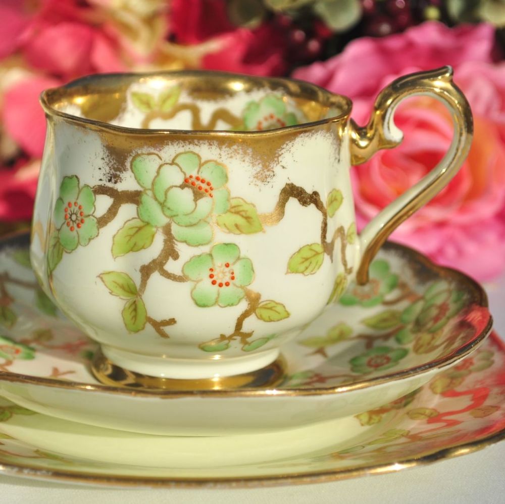 Royal Albert Crown China 9072, Cream, Green, Gold Teacup Trio c.1932