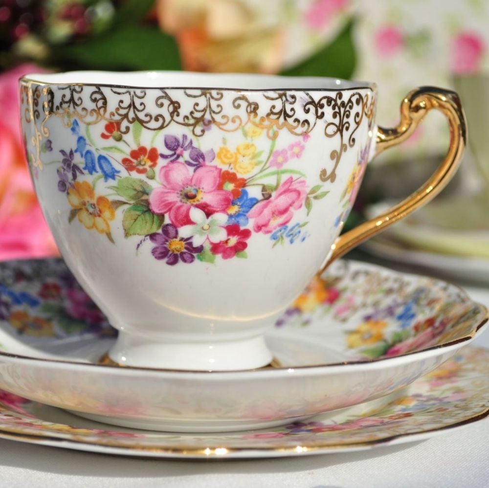 Roslyn Fine China Teacup Trio Floral and Gold 1950s
