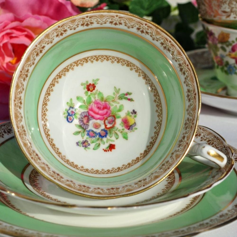 Adderley Ware Green and Floral Best Bone China Tea Cup Trio c.1930s