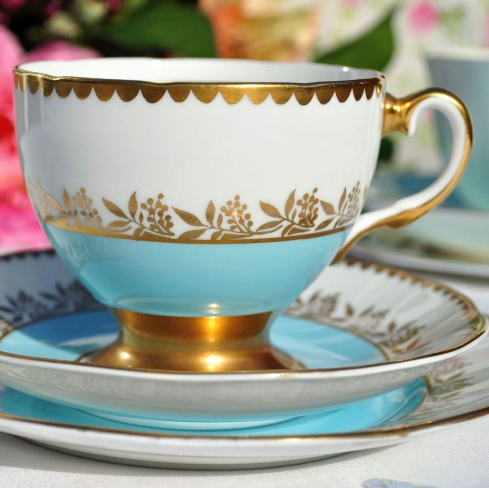 Salisbury Sky Blue & Gold Vintage China Teacup Trio
