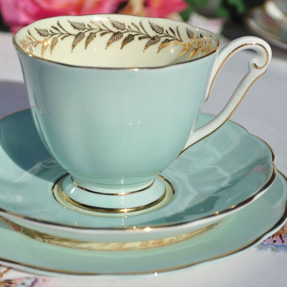 Queen Anne Coronet Duck Egg Vintage China Teacup Trio c.1959