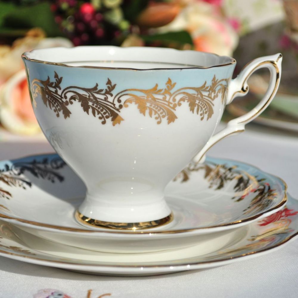 Royal Standard Blue and Gold Leaf Pattern Teacup Trio c.1950s