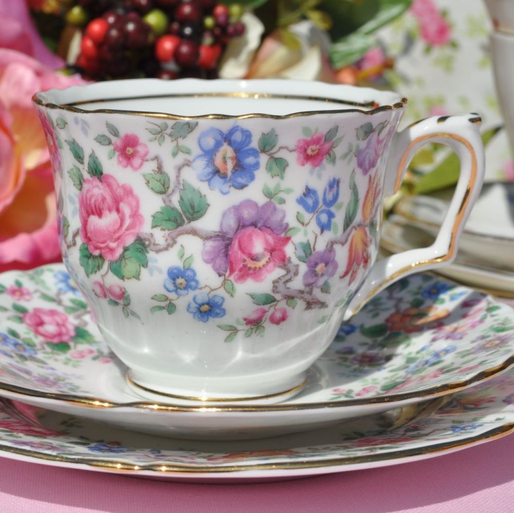 Crown Staffordshire Springtime Teacup Trio c.1930s