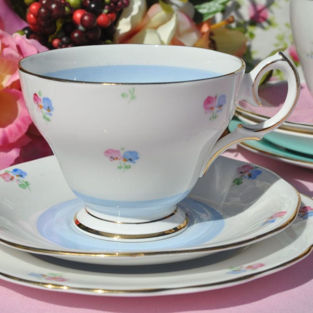 Bell China Blue Wash Teacup Trio with Ditsy Flowers