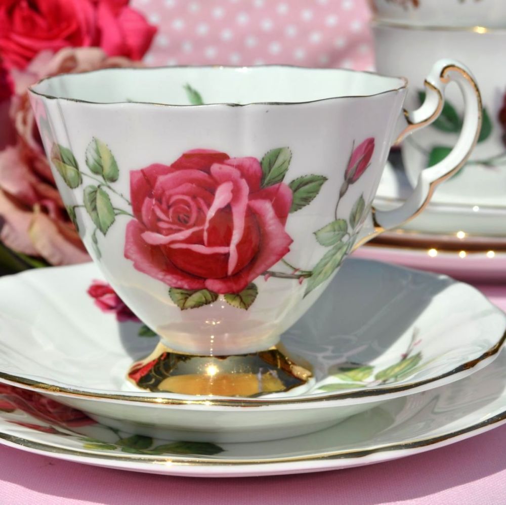 Adderley Pink Rose Pattern Fine China Teacup Trio c.1960s
