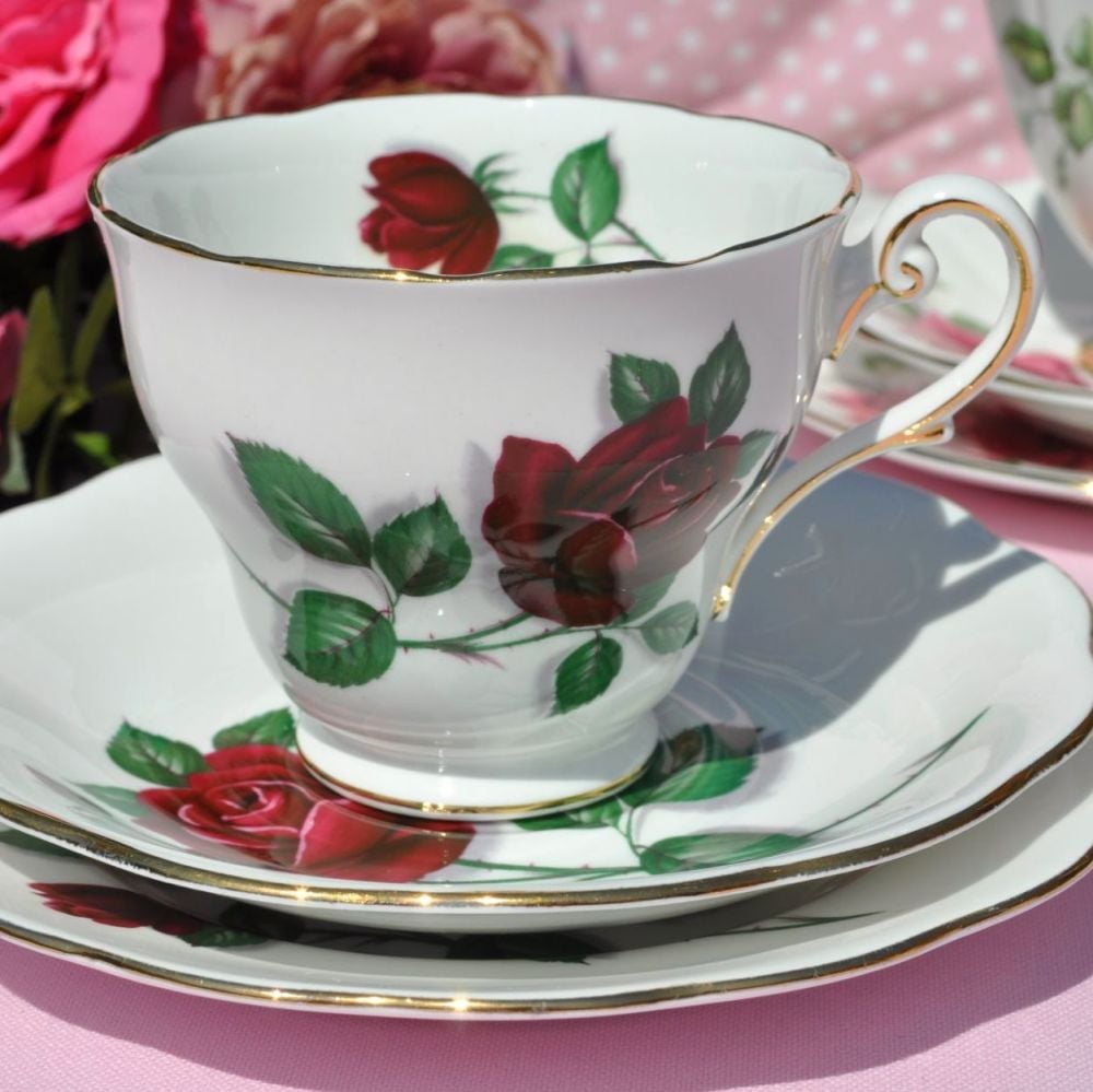 Royal Standard Red Velvet Rose Pattern Teacup Trio c.1950s