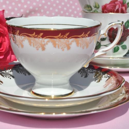 Royal Standard Red and Gold Leaf Vintage Fine China Teacup Trio c.1950s