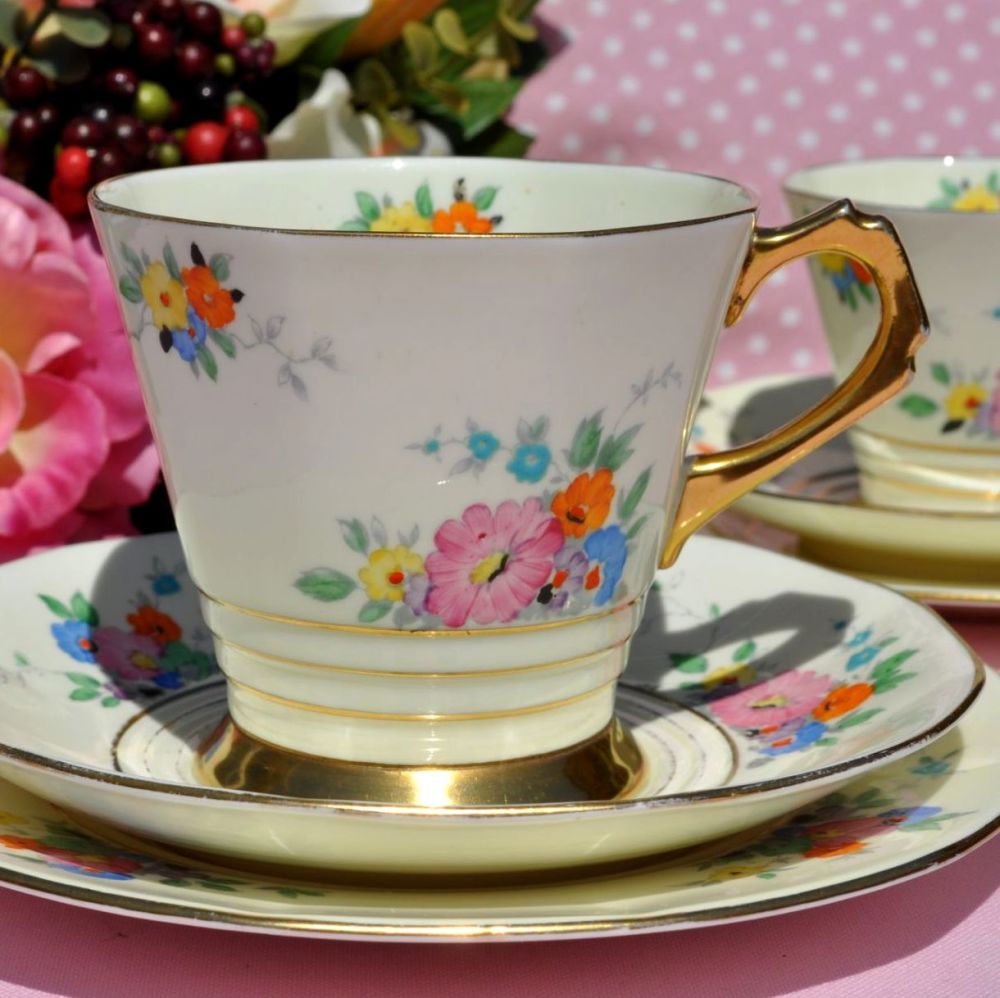 Tuscan Art Deco Octagonal Shape Large Teacup Trio c.1936