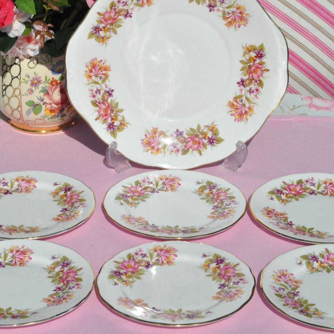 Colclough Wayside Vintage Bone China 7 Piece Cake Serving Set