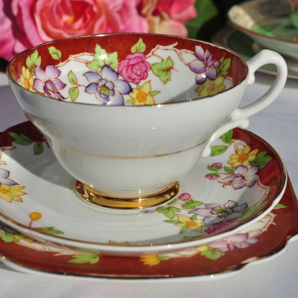 Stanley China Terracotta and Floral Tea Cup Trio c.1949-53