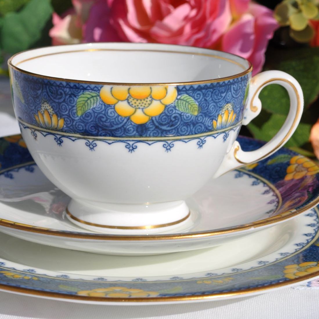 Aynsley Blue and Yellow Vintage Bone China Teacup Trio c.1925-34