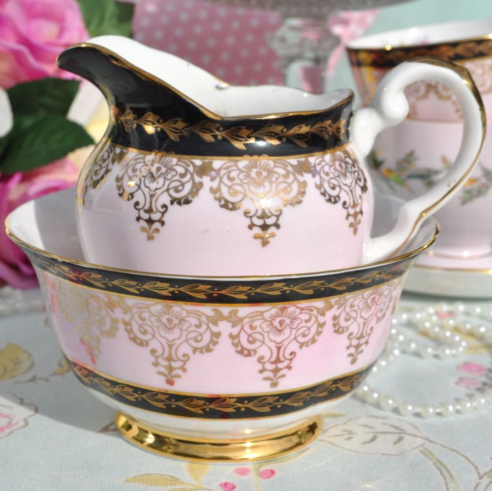 Tuscan Pink Floral, Black and Gold Vintage Milk Jug and Sugar Bowl c.1940's
