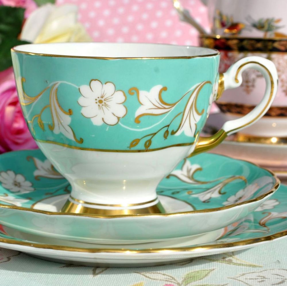Tuscan Duck Egg and Gold Vintage China Teacup Trio c.1940's