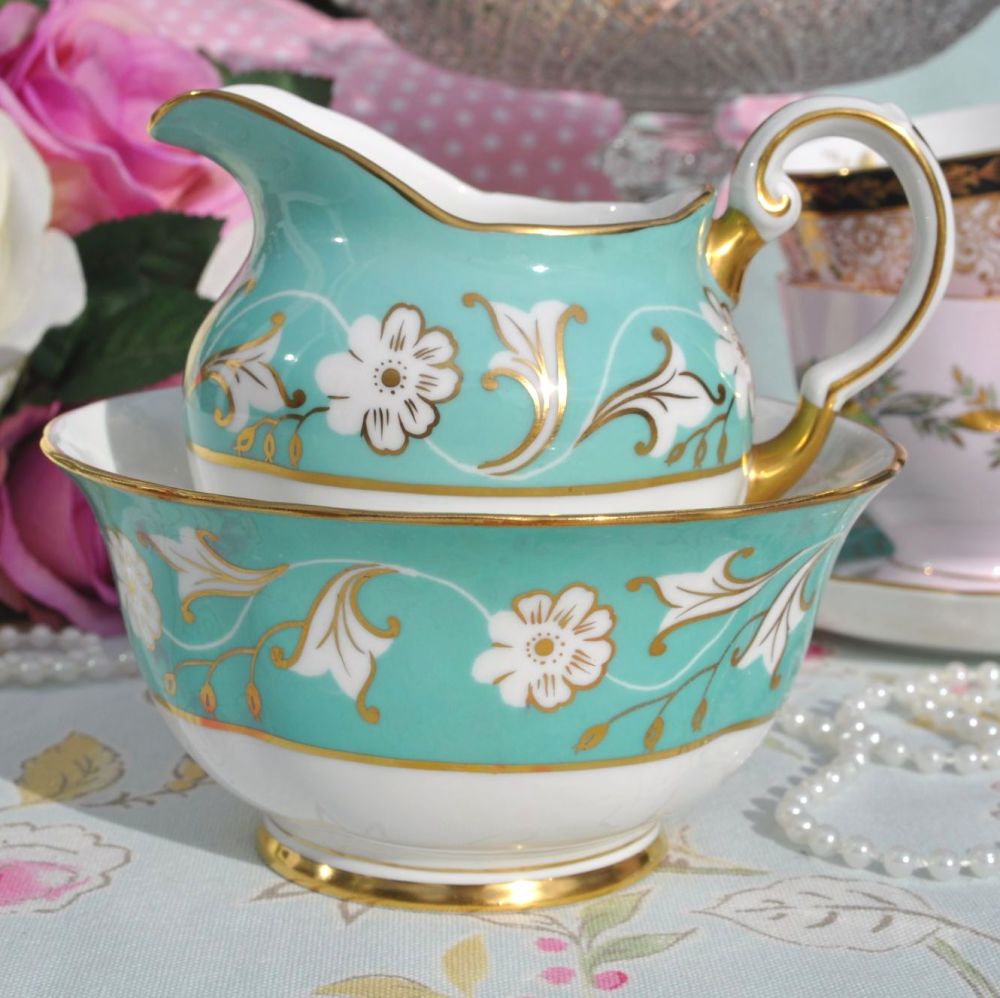 Tuscan Duck Egg and Gold Milk Jug and Sugar Bowl c.1940's