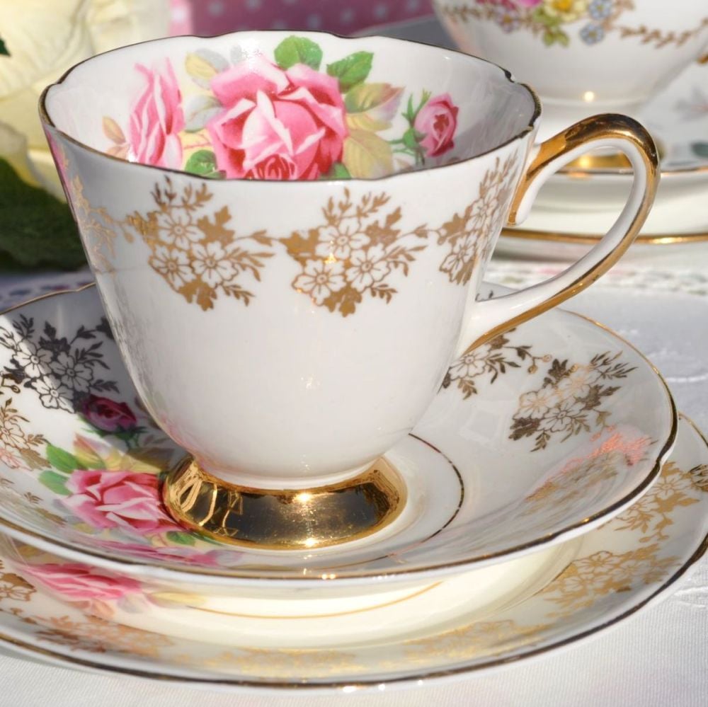 Old Royal Pink Rose and Gold Vintage Teacup, Saucer and Tea Plate