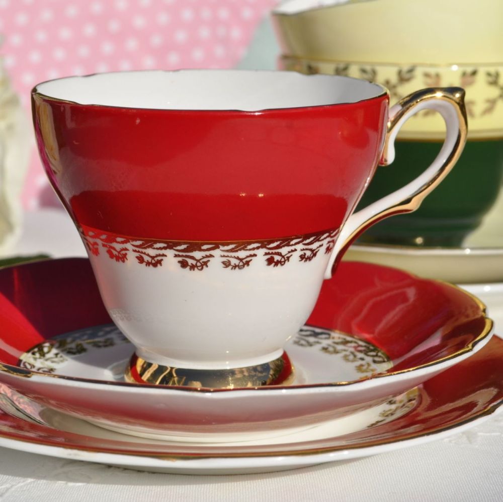 Sutherland Red and Gold Fine Bone China Vintage Teacup Trio