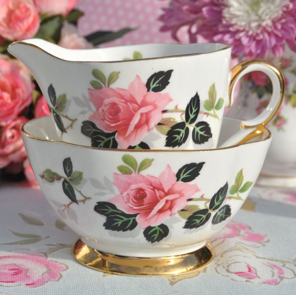 Windsor China Pink Rose Vintage Milk Jug and Sugar Bowl c.1960's