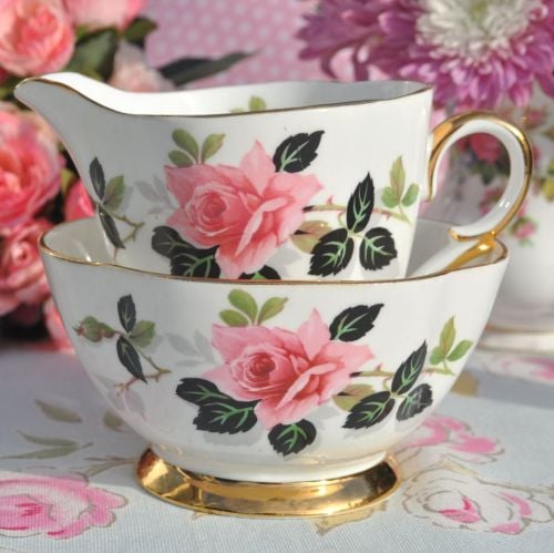 Windsor China Pink Rose Vintage Milk Jug and Sugar Bowl c.1960's