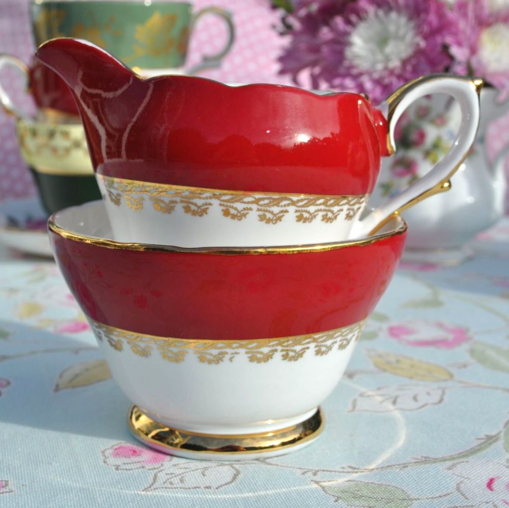 Sutherland Red and Gold Fine China Vintage Jug and Sugar Bowl