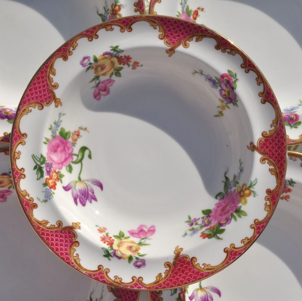 Aynsley Pink Floral Vintage Bone China Set of Six Dessert Dishes