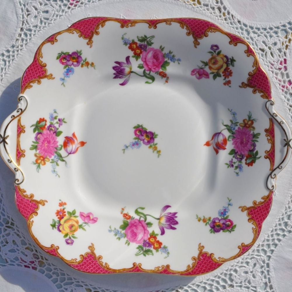 Aynsley Pink Floral English Bone China Square Vintage Cake Plate