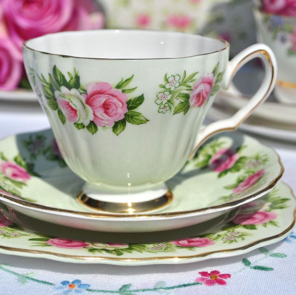 Colclough Enchantment Pink Roses Vintage Tea Cup Trio in Green