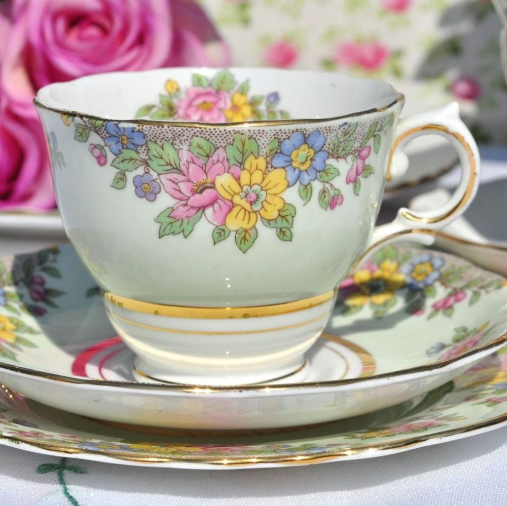 Colclough Green Vintage Tea Cup Trio with Pretty Flowers